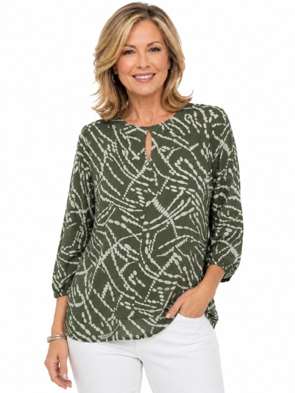 2/$30 Chico’s Green Ivory Keyhole Blouse 3/4 Sleeve Abstract Print Tunic Sz 1